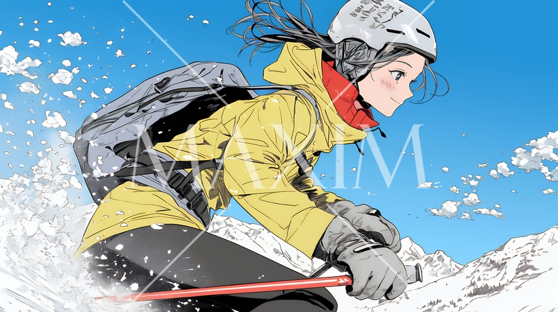 スキーを楽しんでいる若い女性