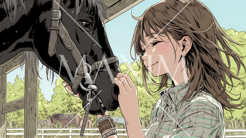 馬の世話をしている若い女性