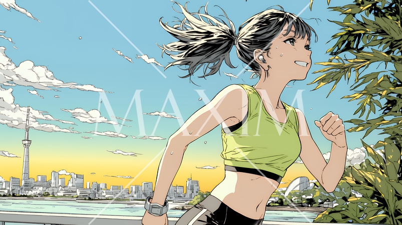 夕方の街並みを背景にジョギングをする若い女性