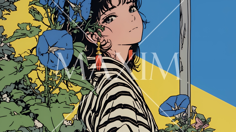 アサガオと浴衣姿の若い女性