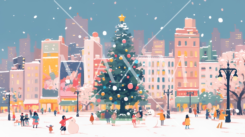 イルミネーションが彩るホワイトクリスマスの都会（ポップでキュートな表現）