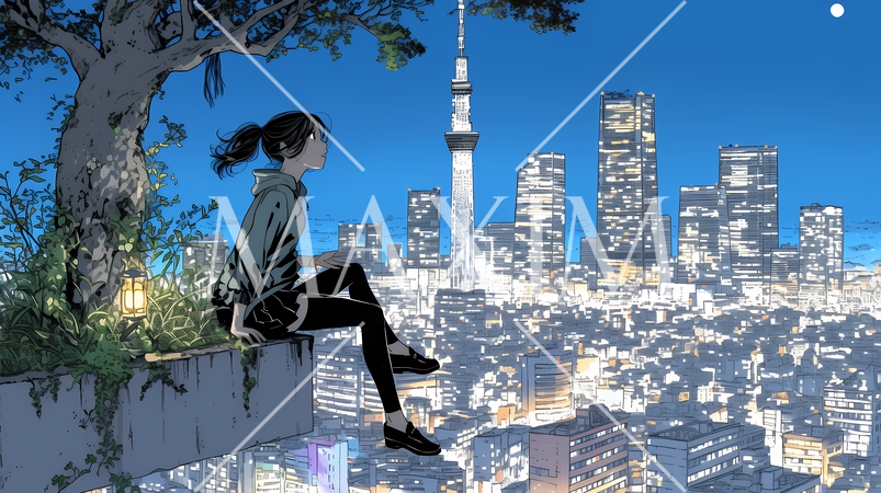 都市の夜景を眺めている女性