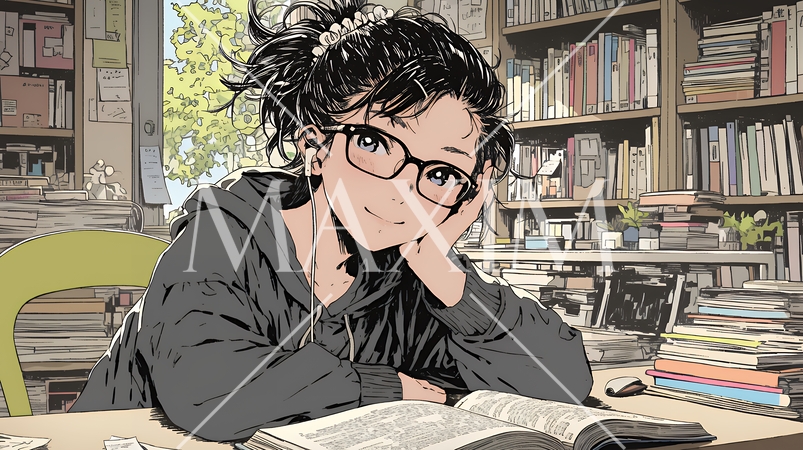 メガネっ娘：いつも勉強や読書やデスクワークをしている
