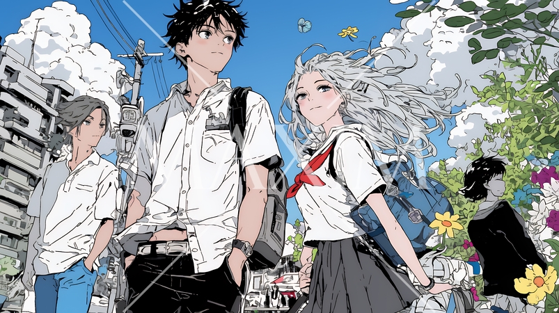 制服姿の女子高生：仲間と通学