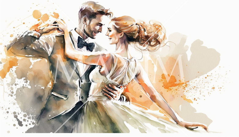 ウェディングダンス： 新郎新婦がボールルームダンスを踊る場面。華やかでロマンチックな雰囲気。