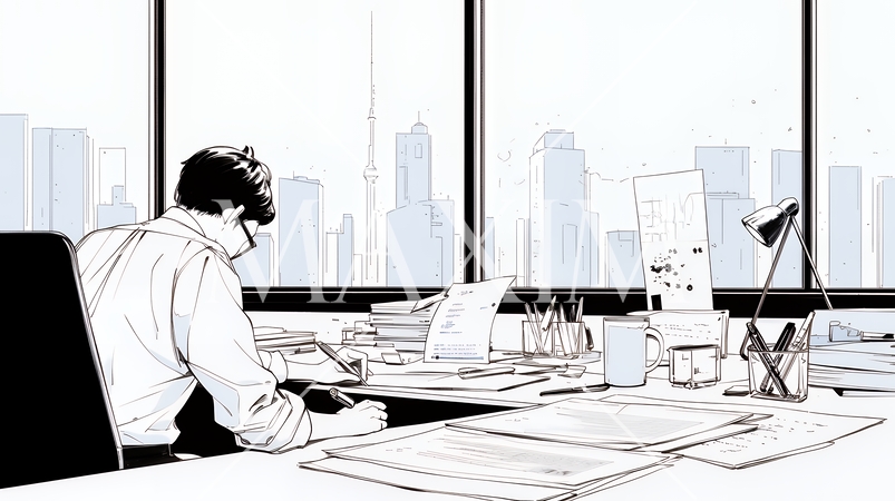 PCを使って企画を練っている男性（シンプルな色使い）