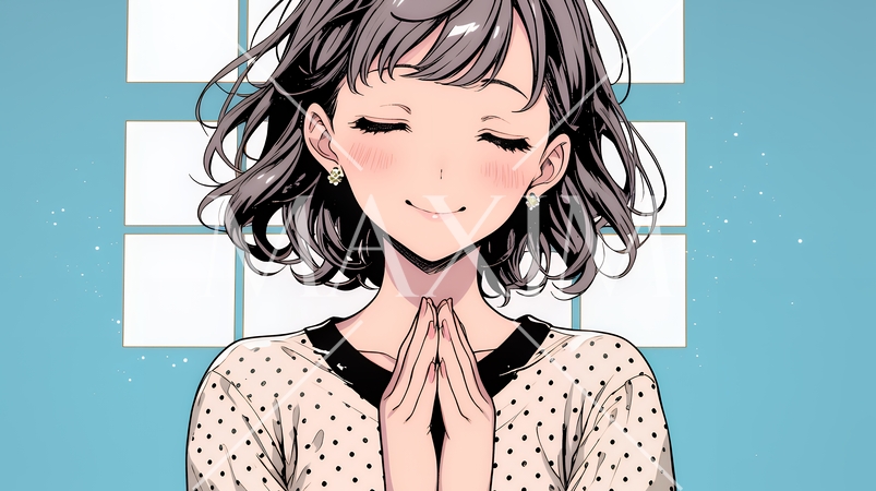 にっこり笑って手を合わせて「お願い」と甘える若い女性