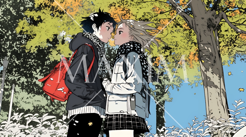 紅葉の下でいちゃついている若いカップル