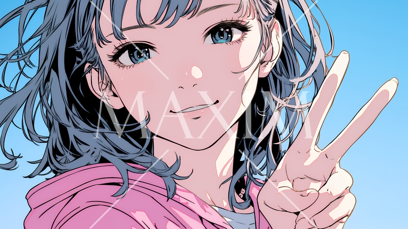 笑顔でピースサインを見せる若い女性