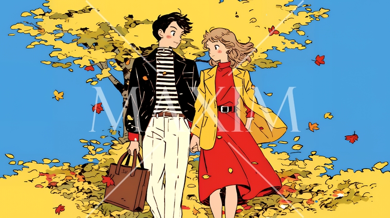 紅葉の公園でデートをしている若い男女のカップル