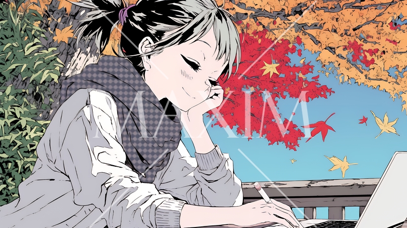 美しい紅葉の中でもPCを手放せない若い女性