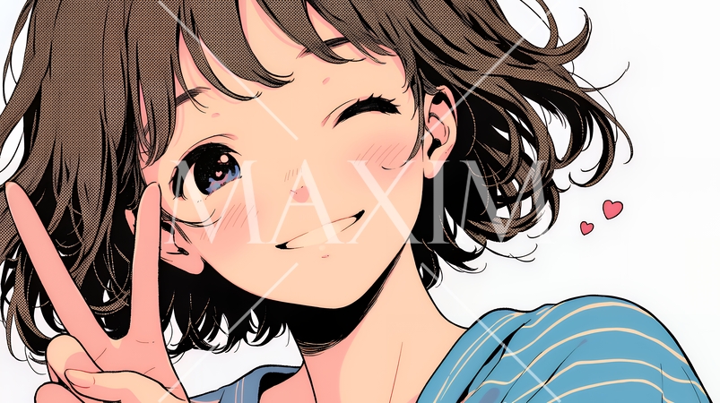 笑顔でピースサインを見せる若い女性