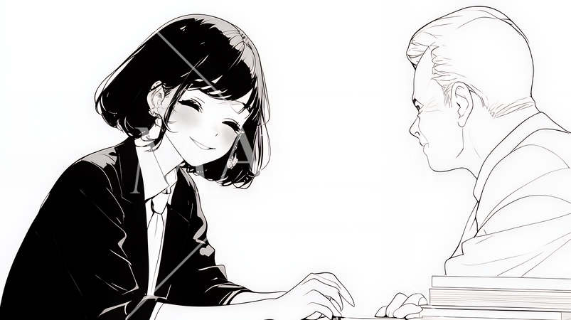 笑顔で顧客に面談説明をしているビジネスパーソン（シンプルな色使い）