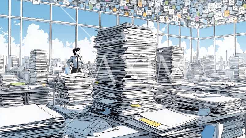 机の上に書類が山のように積まれている：書類整理ができていない状態