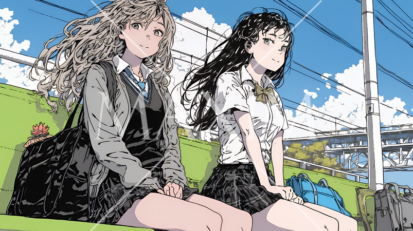 制服姿の女子高生：友達と駅で電車待ち