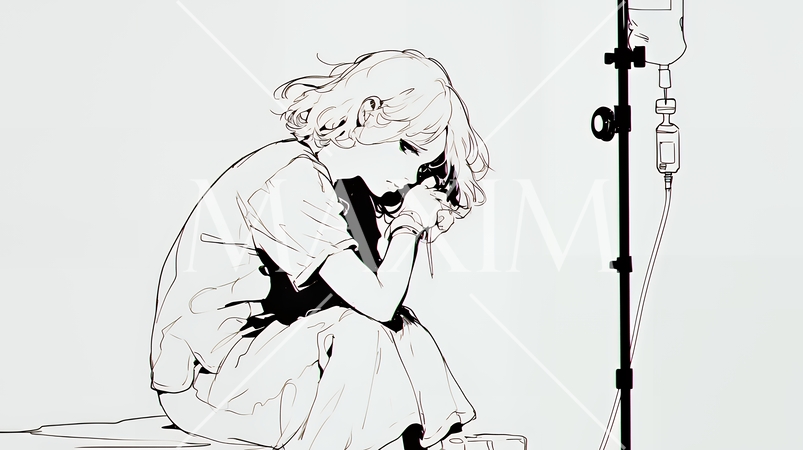 病院のベッドに腰掛けて気落ちしている女性（シンプルな色使い）