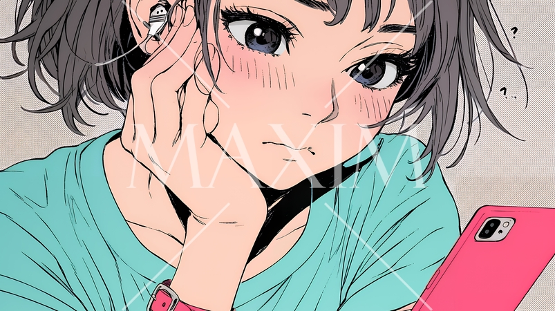 スマホでメールを読みながら唇を噛んでいる神経質な女性。表情には不安が漂っている。