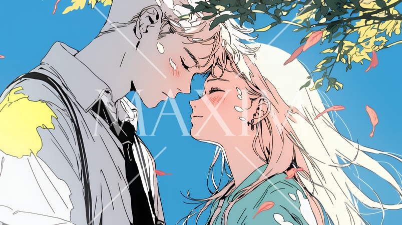 秋の紅葉の下でキスをしている若い恋人たち