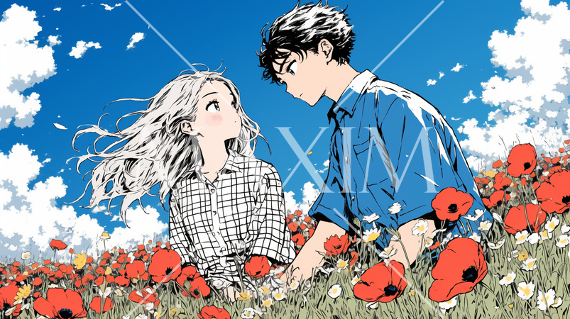 ポピー畑でデートをしている初々しい恋人たち