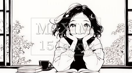 秋の読書を楽しむ若い女性｜静かで落ち着いた秋の日のイラストポートレート（シンプルな色使い）（イラストID:3522739-18104）