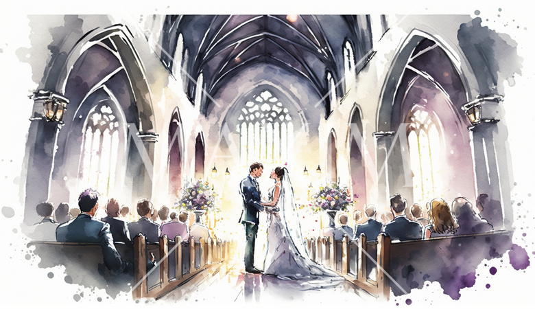 教会での結婚式の水彩画