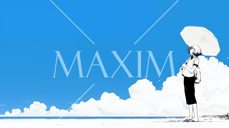 一人旅の若い女性と夏のビーチの風景（シンプルな色使い）