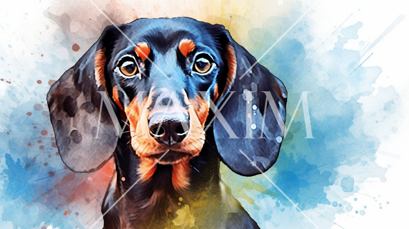 黒毛のダックスフンドの水彩画