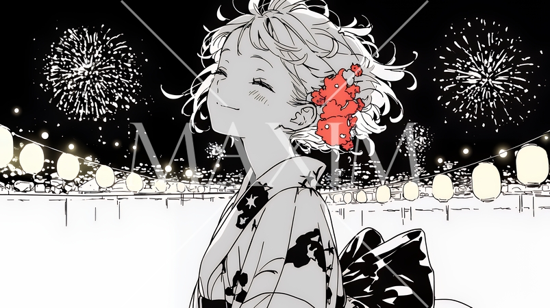 打ち上げ花火を見ている浴衣を着た若い女性（シンプルな色使い）