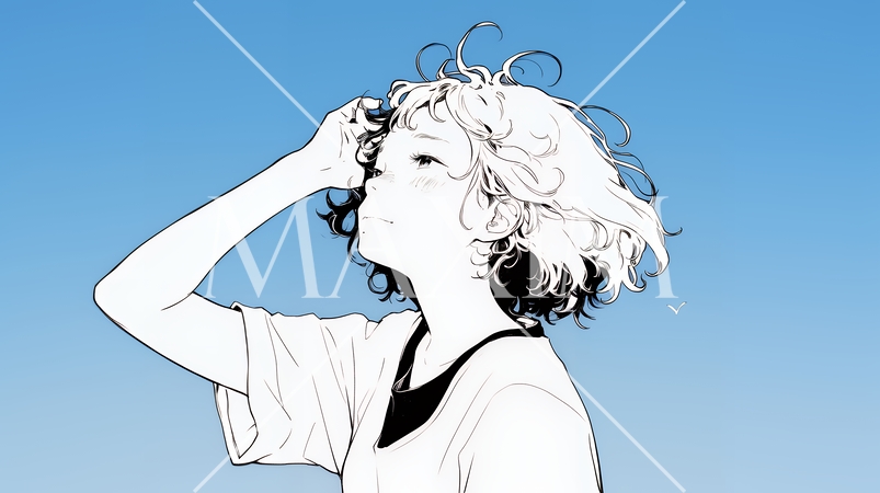 ぼんやり空を見上げている若い女性（シンプルな色使い）