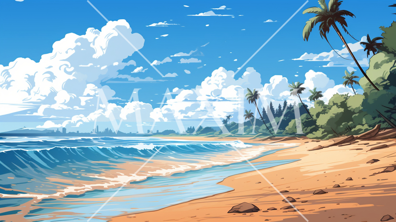 南国の島の浜辺と青い空のイラスト