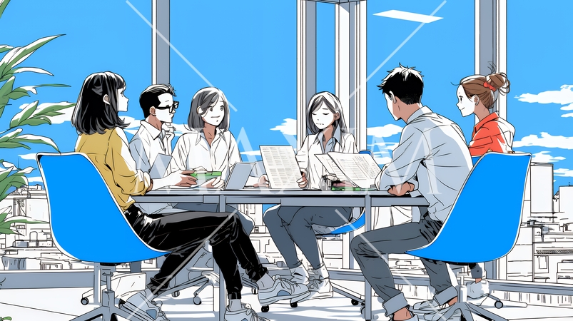 資料を見ながら打ち合わせをする会社員｜オフィスのビジネスミーティングイメージ