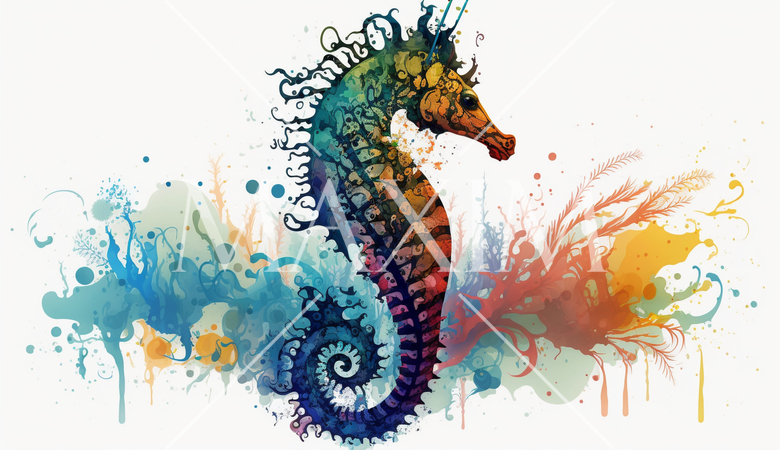 タツノオトシゴ：カラフルでサイケデリックでシュールレアリズム的な水彩画