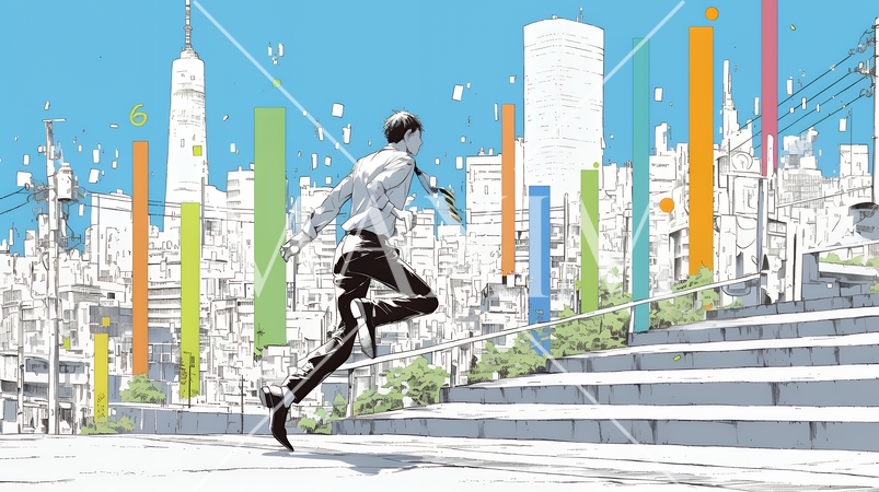 棒グラフの都会の町並みを駆け抜けるビジネスパーソン