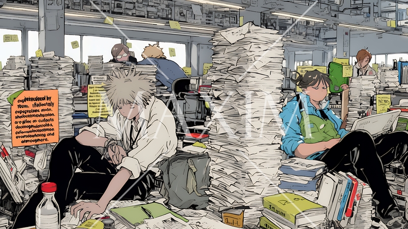 期日には間に合いそうもない書類の山と格闘中のビジネスパーソン達