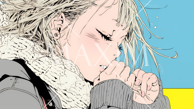 かじかんだ手に息を吹きかけて温めている若い女性