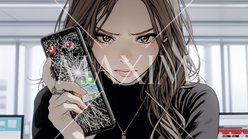 画面が激しく割れているスマートフォンを手にしているいる若い女性