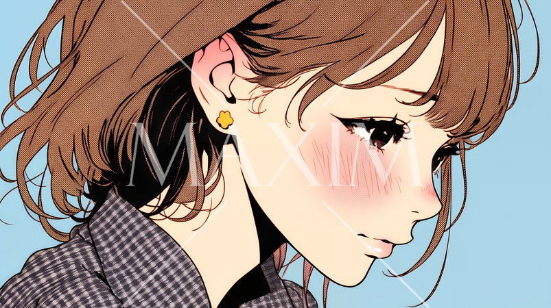 頬を赤らめて、照れ笑いする若い女性