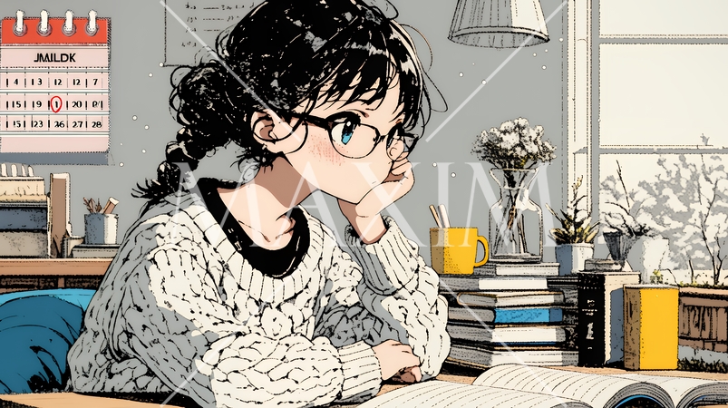 メガネっ娘：いつも勉強や読書やデスクワークをしている