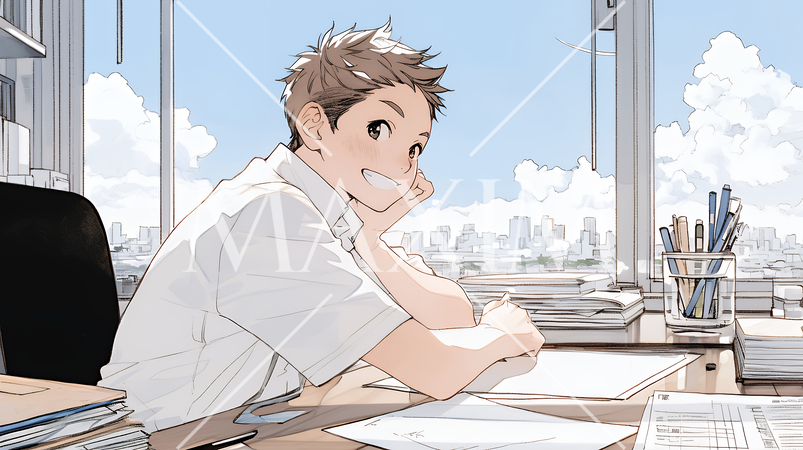 素晴らしいビジネスのアイデアが浮かんで笑顔のビジネスパーソン（シンプルな色使い）