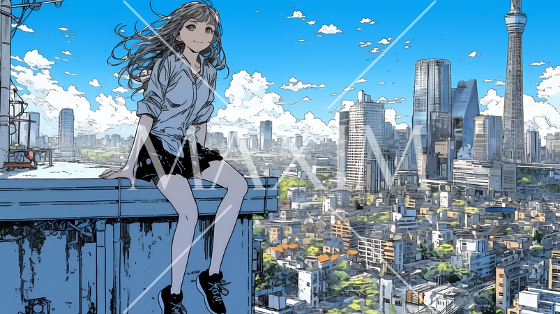 都市のランドスケープを眺めている若い女性