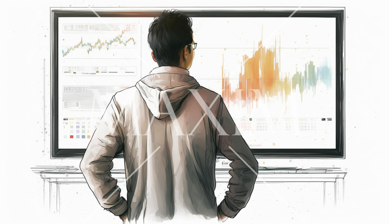モニターに表示された株価チャートと注文画面を見つめる男性トレーダーの後ろ姿。