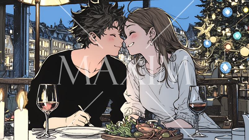 クリスマスディナーを楽しんでいる若いカップル