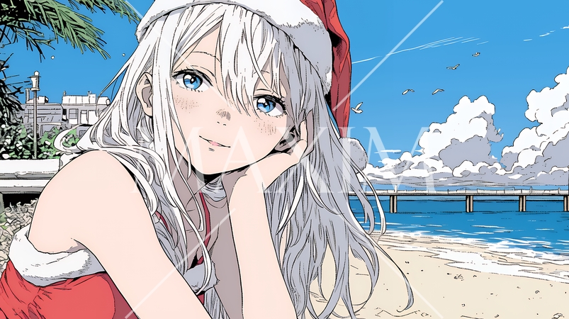 真夏（南半球）のビーチで活動中の女性のサンタクロース