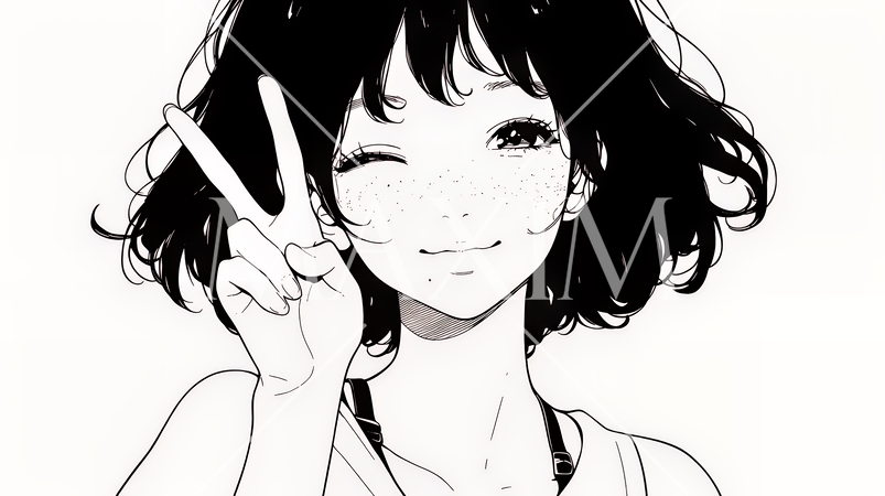 アイドルのように顔の横でピース＋ウィンクしている若い女性（シンプルな色使い）