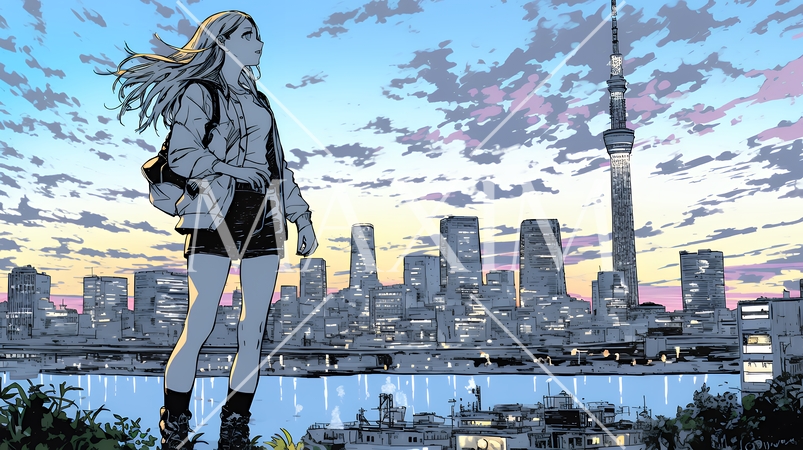 夕暮れ（朝の）都市のランドスケープを眺めている若い女性