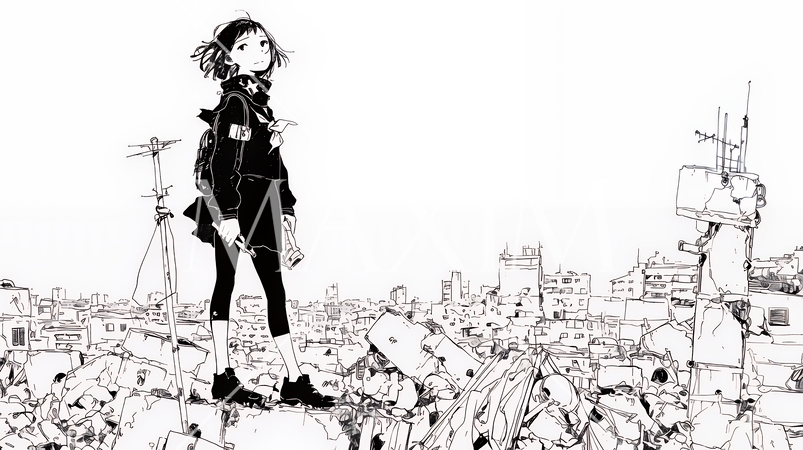 震災や空爆などで破壊された街で孤独に立ちすくむ若い女性（シンプルな色合い）