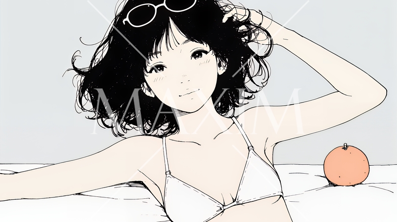 ビキニ姿の若い女性（シンプルな色使い）