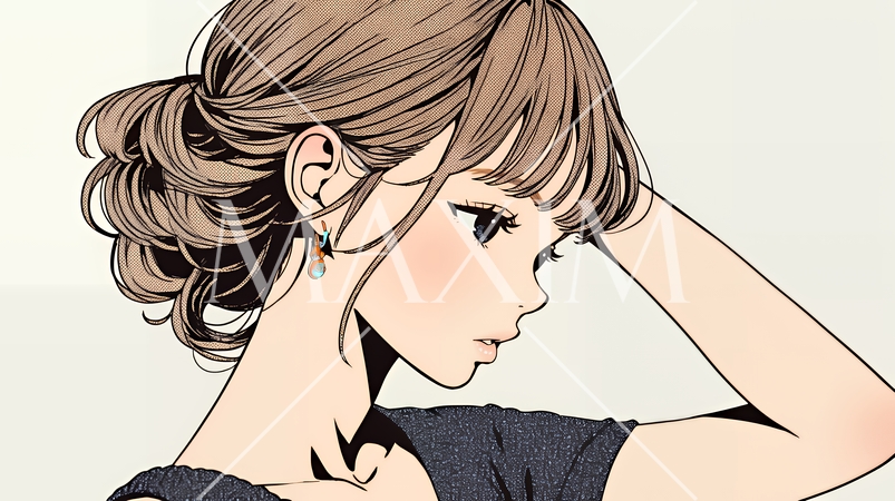 髪をかきあげている（なでている）若い女性