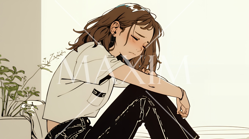 腹痛（生理痛）に苦しむ若い女性（シンプルな色使い）