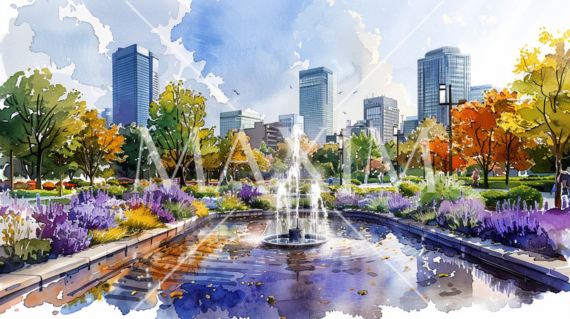 ラベンダーが満開の都心の公園から眺めたビル群